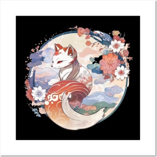 cute Nine tailed fox floral Posters and Art